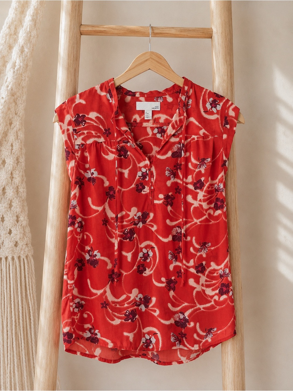 Red Floral Cap-Sleeve V-Neck Blouse